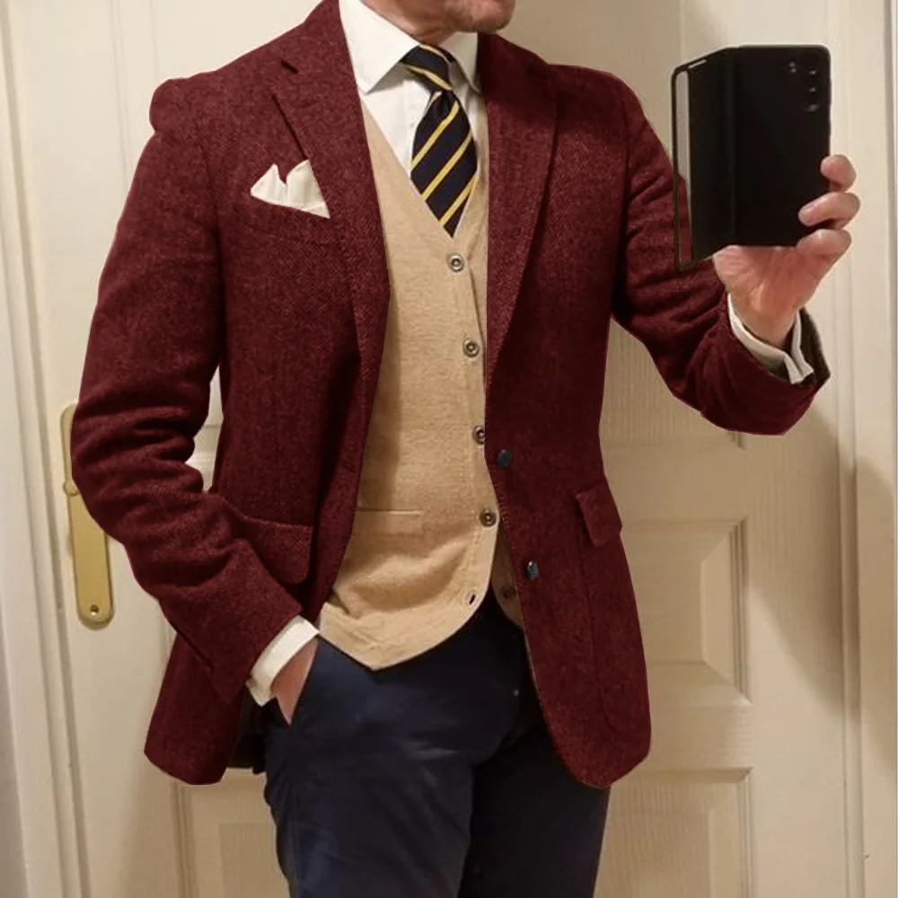 Men's Herringbone Single Breasted Jacket Casual Wedding Groom New Suit Tuxedo Coat Elegant Men's Jackets Man Spring Suits Blazer