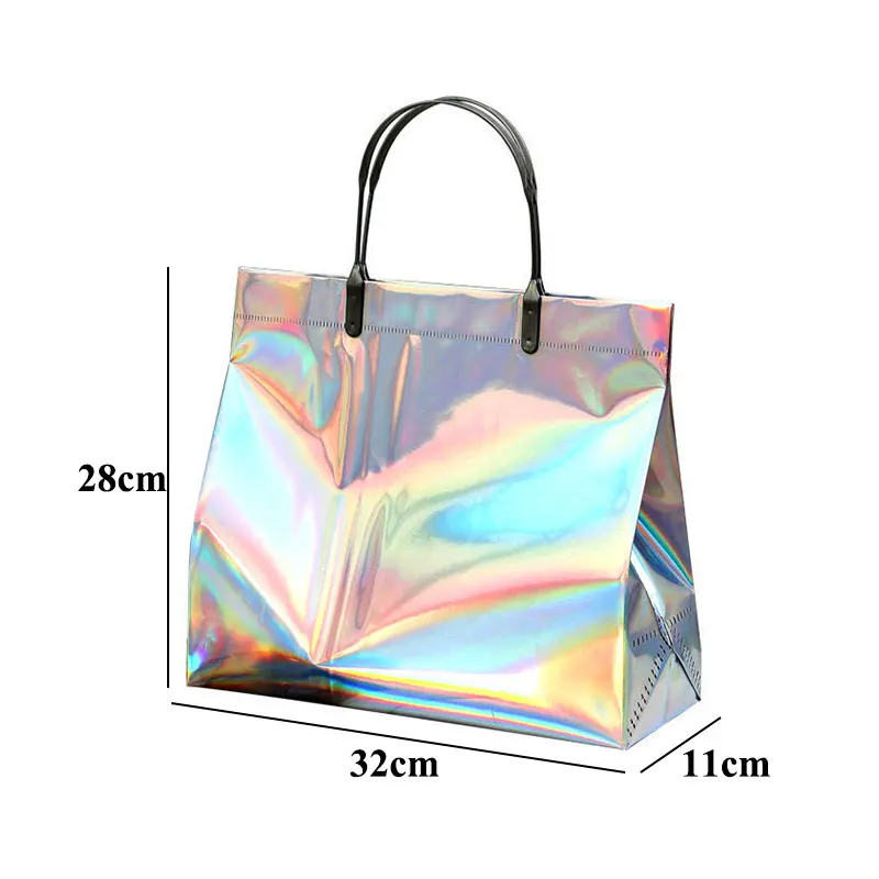 PVC Laser Shopping Bag With Snap Button Reusable Women Shopping Pouch Storage Bags Female Waterproof Thick Handbag Tote Eco Bag