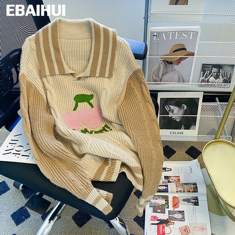 

Женские свитера EBAIHIUI, пуловеры, повседневный полосатый воротник-поло, пуловер контрастных цветов с принтом фруктов, винтажные джемперы с вышивкой