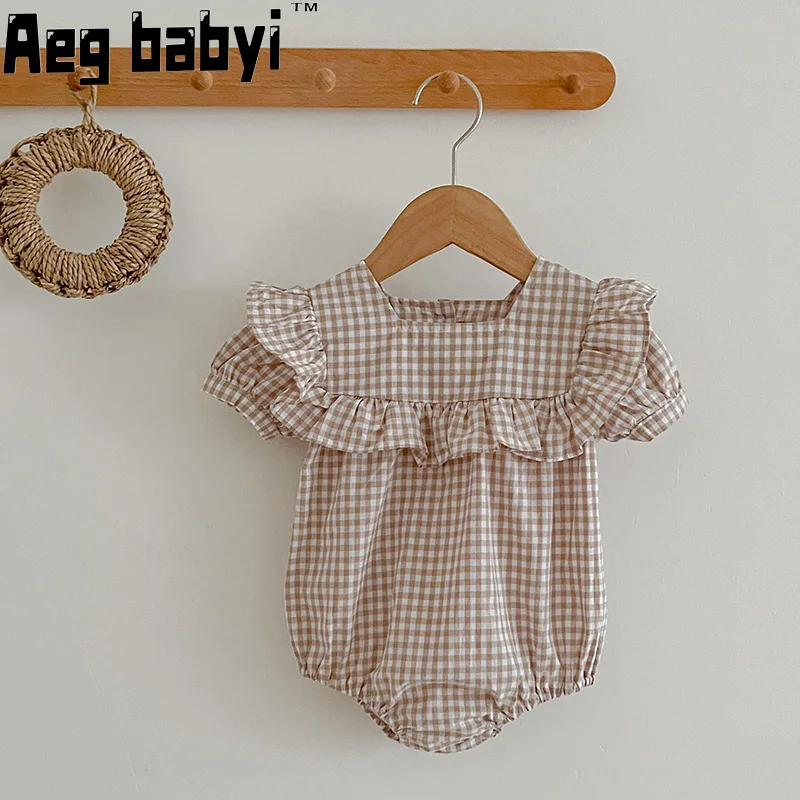 

Baby Girls Jumpsuit Summer Infant Girl Bodysuits Solid Color Cotton Short Sleeve Lace Plaid Toddler Baby Romper 0-24M