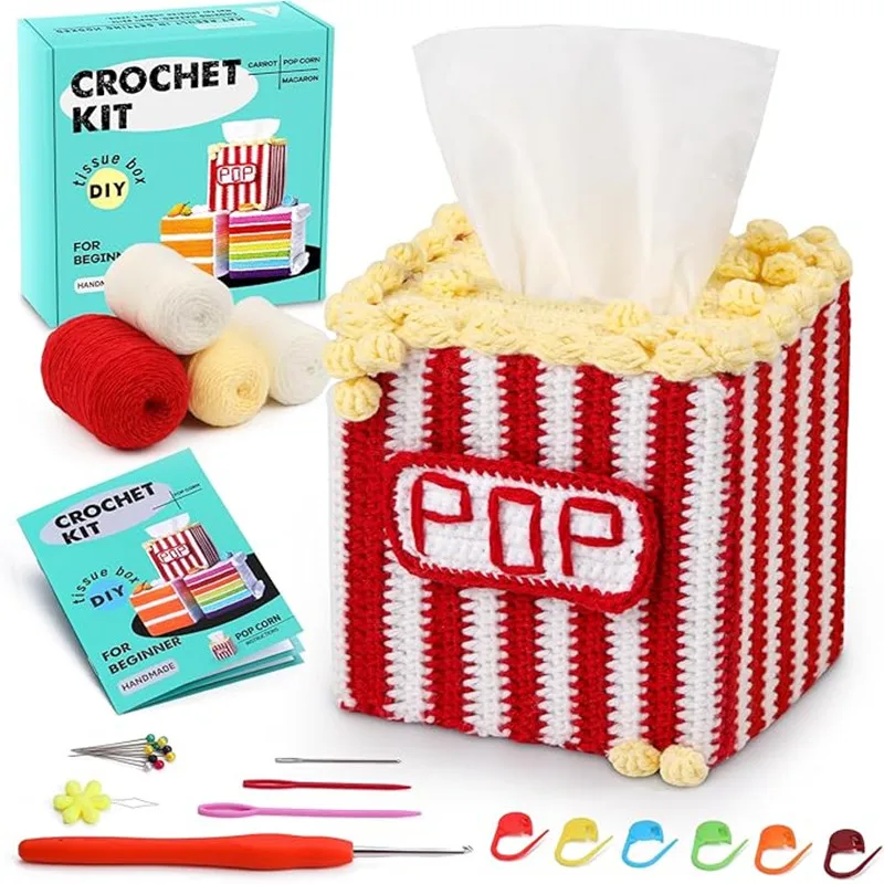 IMZAY Unfinished Crochet Kit for Beginners Knitting Starter Kit Tissue Box Cover Holder with Step-by-Step Video Tutorials