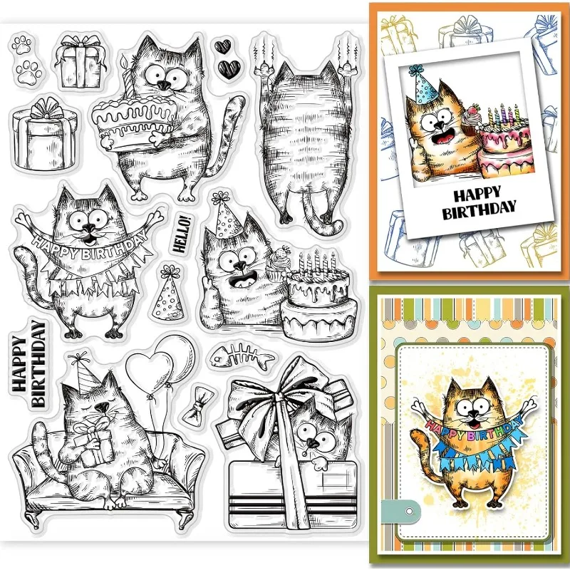 Birthday Cats Animal Clear Stamp Sofa Cat Birthday Cake Silicone Clear Stamp Gift Box Seals For DIY Scrapbooking 1Sheet clear stamps clear rubber stamps