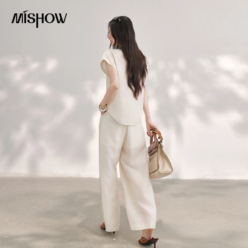MISHOW 여성용 린넨 2피스 세트 2026 여름 라펠 V넥 셔츠 하이웨이스트 와이드 레그 팬츠 세트 (스카프 포함) 오피스룩 MXF20T1713