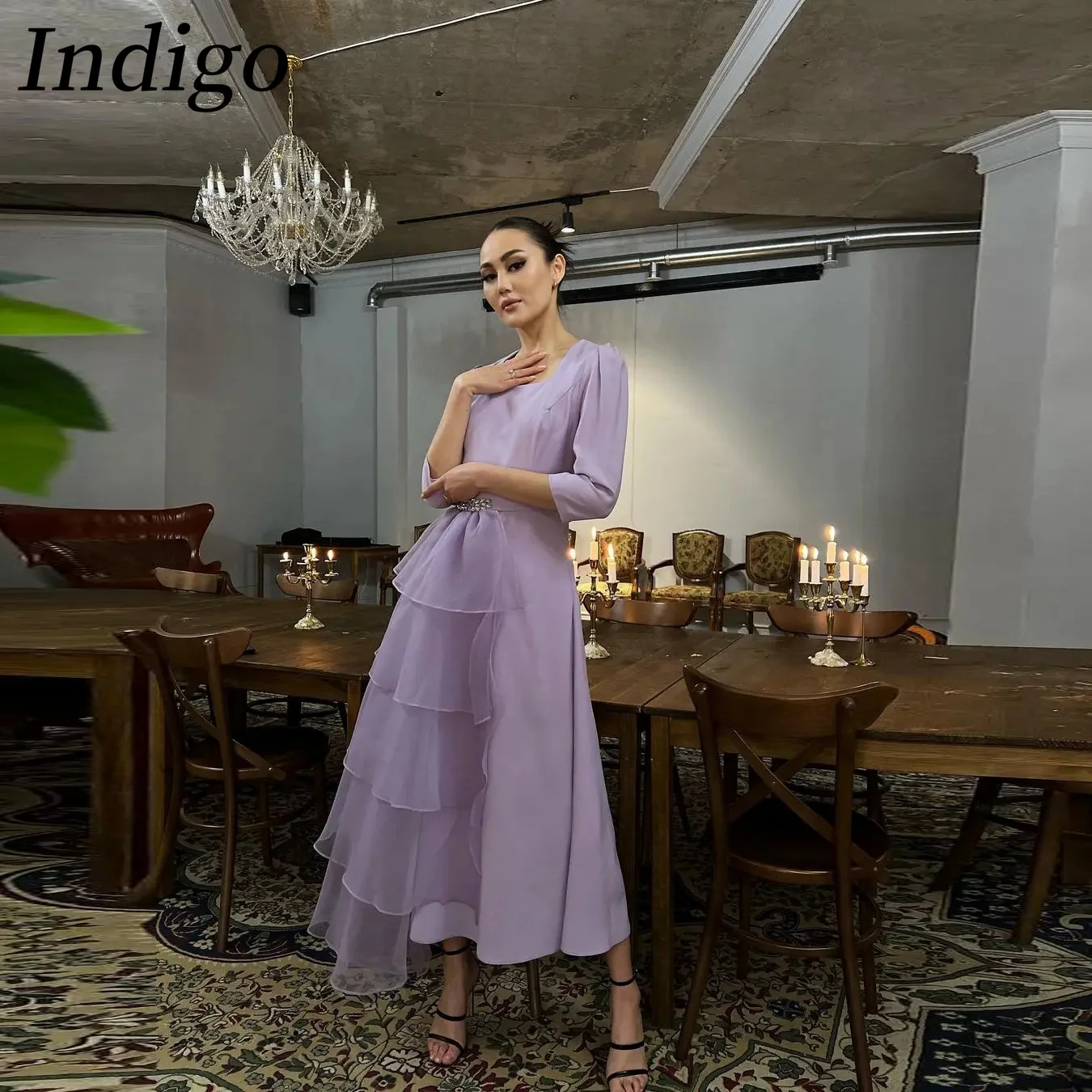 

Indigo Evening Dresses Square Neck Ankle-Length A Line Tiered Ruffles Women Formal Occasion Dress 2024 Abendkleider Lila