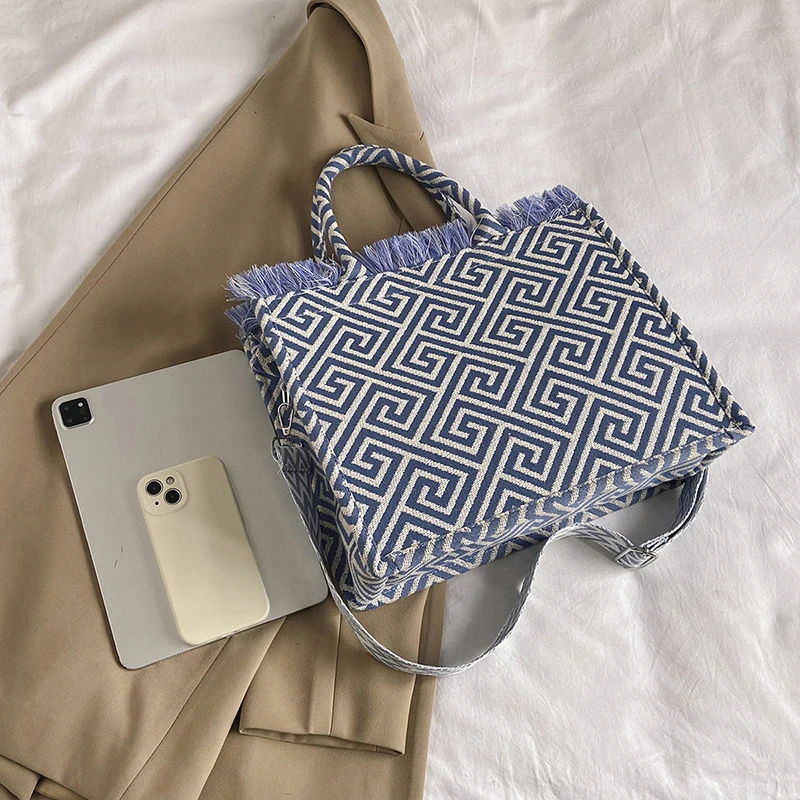 Große Kapazität Strand tasche für Frauen 2024 Mode Jacquard Stickerei Leinwand Umhängetasche Marke Designer Handtasche Einkaufstasche – Detail 7