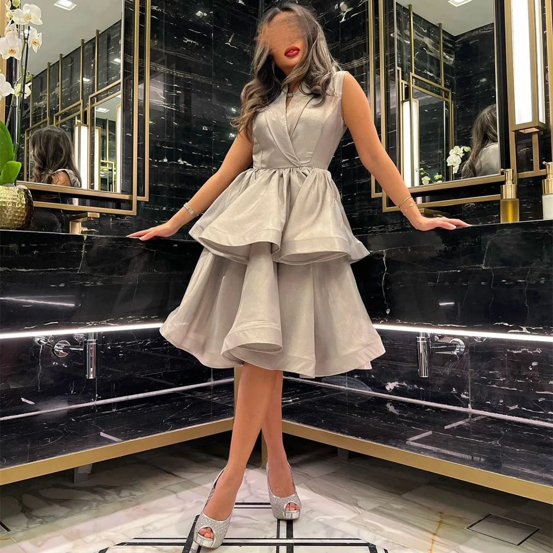 

Vintage Short Taffeta V-Neck Evening Dresses A-Line Muslim Puff Skirt Knee Length Formal Party Dress for Women