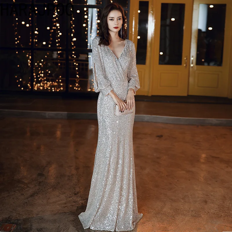 

Harajpoo Fashion Korean Banquet Evening Dress New Women Long Silver Sequin Elegant Fishtail Grand Choir Performance Host Dresses