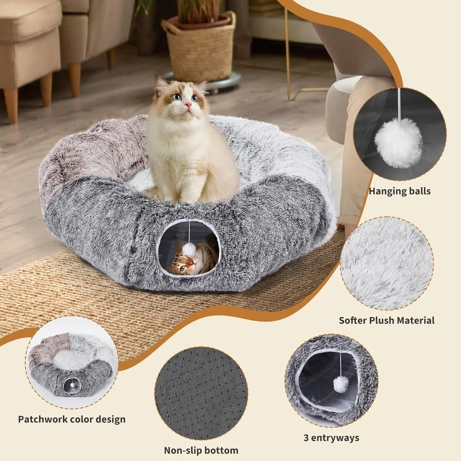 Large Cat Tunnel with Warm Bed & 20 Toys – Detachable Indoor Play Cave for Kittens