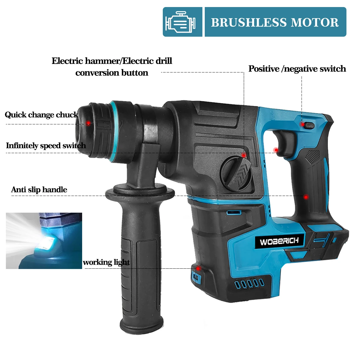 Handheld Brushless Cordless Rotary Hammer Impact Drill Rechargeable Electric Hammer Drill Impact Function for 18V Makita Battery 3