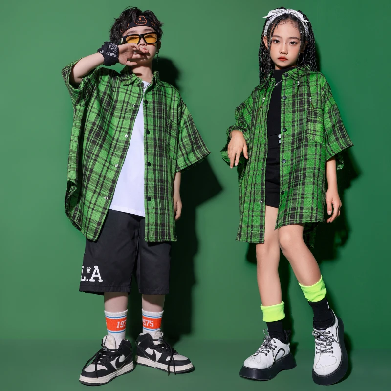 

Kids Hip Hop Clothing Street Wear Outfits Green Plaid Shirt Casual Cargo Shorts For Girl Boy Jazz Dance Costume Carnival Clothes