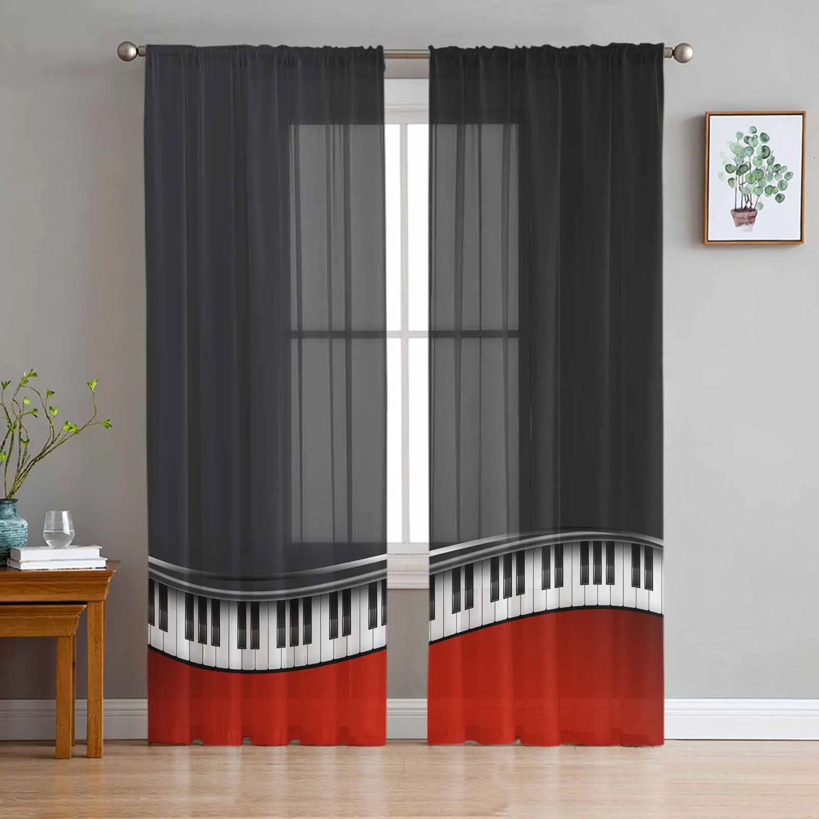 

Red And Black Piano Keys Voile Sheer Curtains Living Room Window Tulle Curtain Kitchen Bedroom Drapes Home Decor