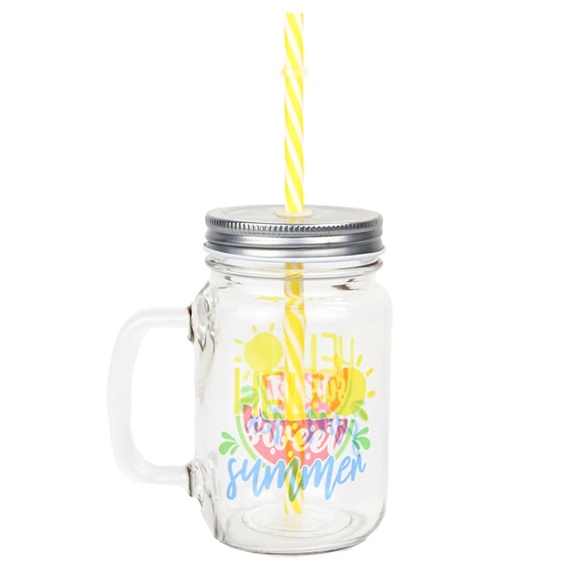 Glass Mason Jar Mug with Handle, Metal Lid and Straws