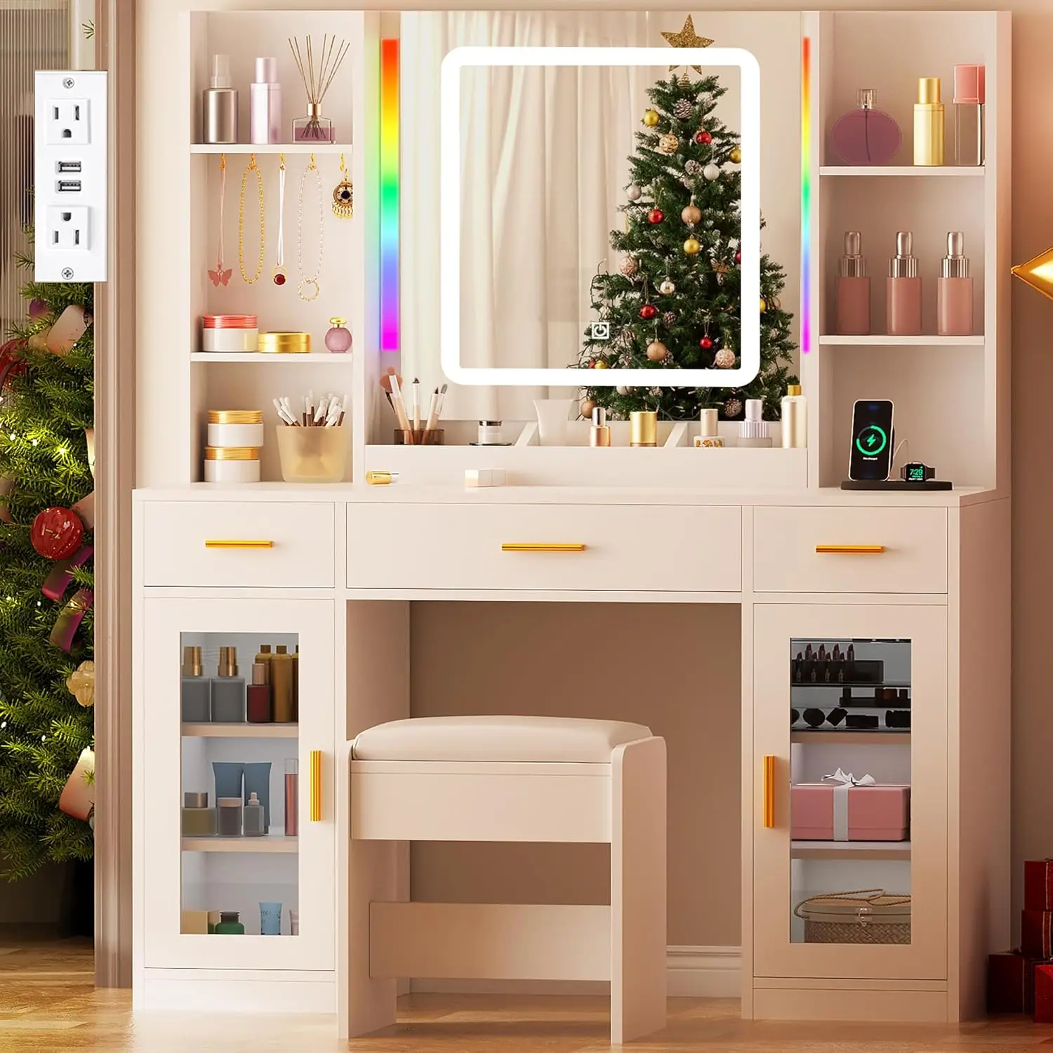 Makeup Vanity Desk with Mirror 43.3" Girls Makeup Vanity Set with LED