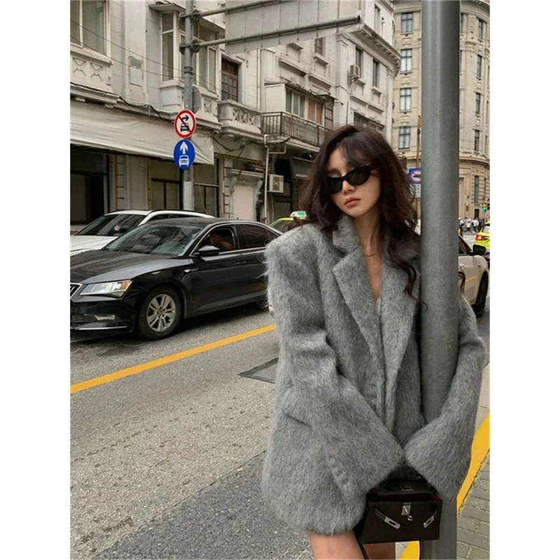 Woolen Plush Pink Coats For Women Fashion Long Sleeves Single Breasted Loose Jackets Autumn Winter Female Packet Overcoat