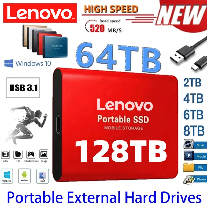 Portable SSD Lenovo Disco Duro Externo USB 3.1 Type-C M.2 External Hard Drive 500GB 8TB For Laptops