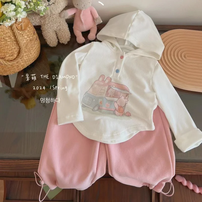 

Children's Casual Suit Spring New Baby Girl Slim-Fit Hood Sweater Straight-Leg Pants Two-Piece Set Nl