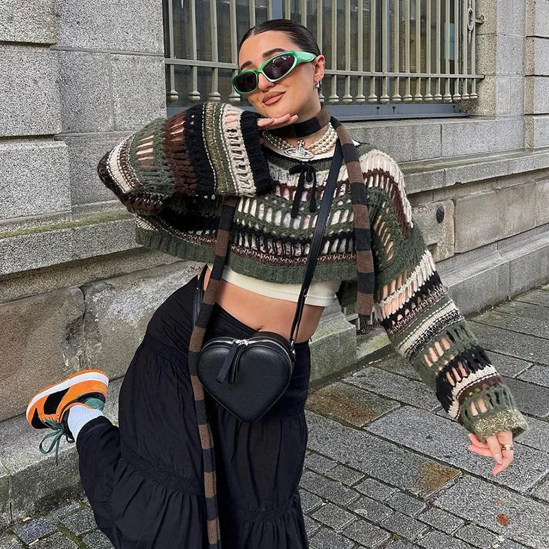 

Patchwork Hollow Out Stripe Knit Sweater Smock Crop Tops Women Y2k Long Sleeve Pullover Streetwear Women's Clothing
