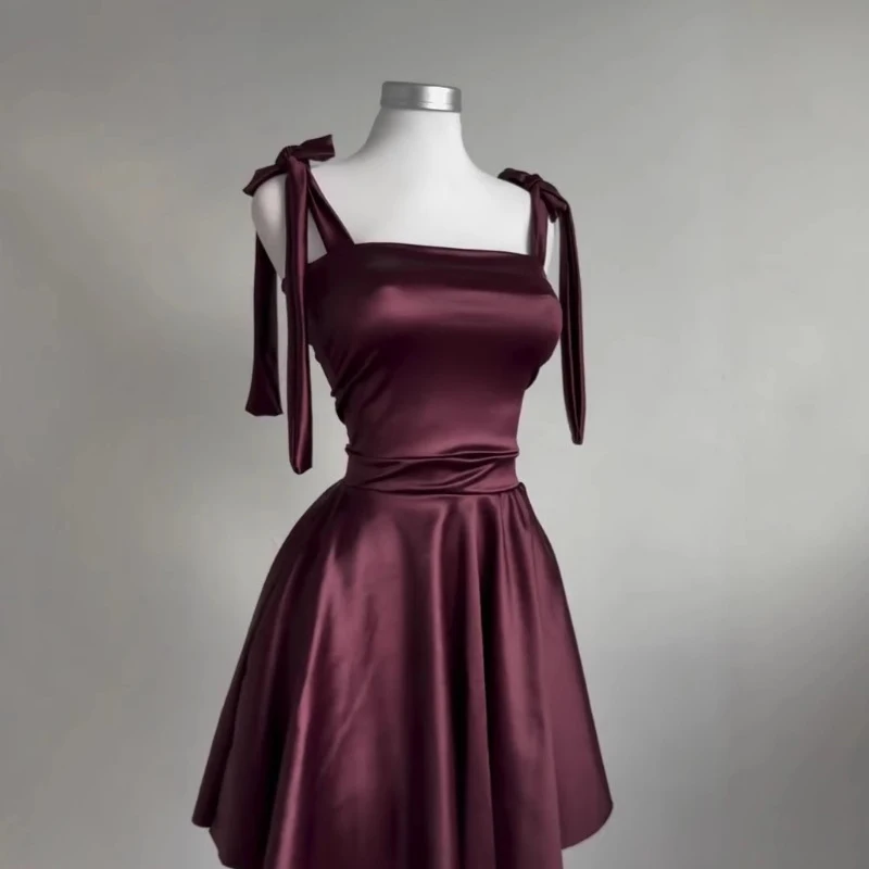New Women's Suspender Square Neck Dress Burgundy Fashion Sexy Y2k Lace-up Princess Style Backless Waist A-word Short Party Skirt