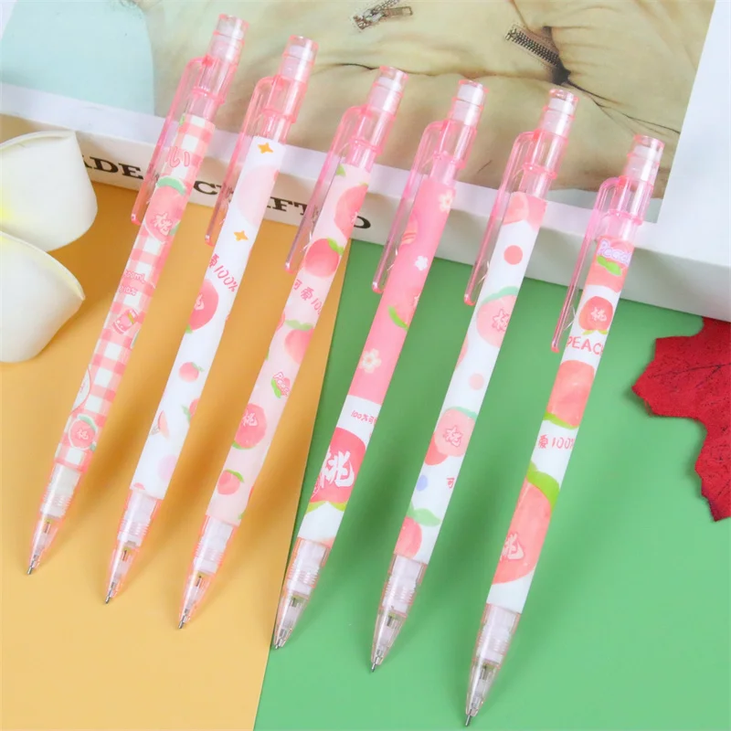 창의적인 복숭아 기계식 연필, 귀여운 0.5mm 프레스 자동 펜, 어린이 선물, 학교 사무용품, 12 개/로트