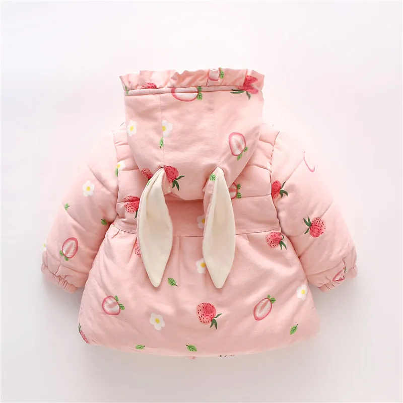 Winter Girls' Jackets Bags Cartoon Strawberry Prints Single Breasted Rabbit Ears Hooded Cotton Clothes 2 Pieces/Set