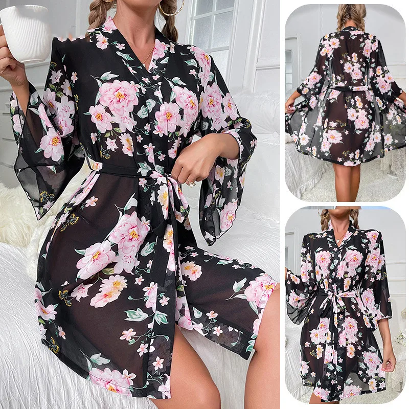 Summer Kimono Bathrobe Bride Wedding V-Neck Sleepwear Bath Gown Homewear Women Print Robe Nightwear Home Dress Loungewear