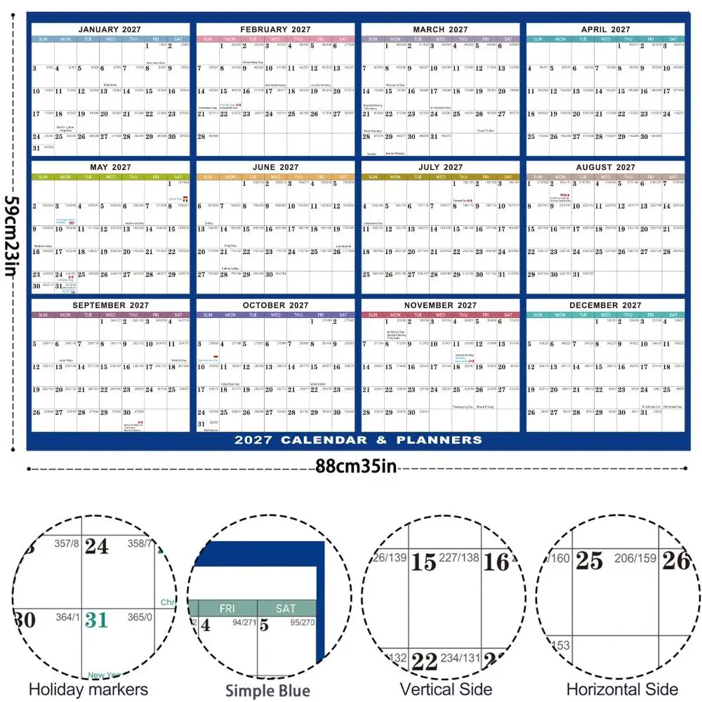 2027년 1월 - 2027년 12월 연간 영어 플래너 캘린더 양면 필기 가능 12개월 플래너 양면 라미네이팅 처리됨