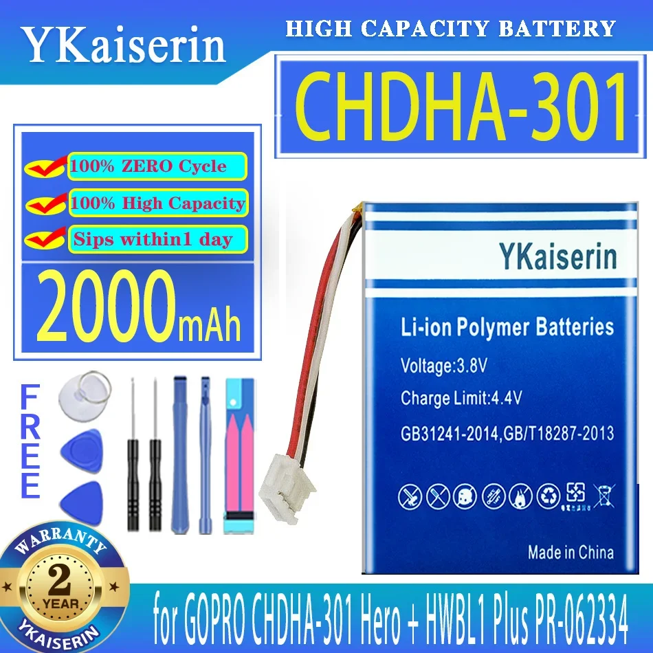 

YKaiserin 2000mAh Replacement Battery CHDHA301 for GOPro GO Pro CHDHA-301 Hero + HWBL1 Plus HWBL 1 Plus 1Plus PR-062334 Bateria