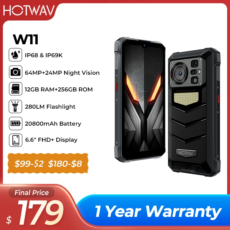 

HOTWAV W11 Rugged Phone 6.6'' FHD+ 24MP Night Vision Camera Smartphone 20800mAh 280LM Flashlight 33W Fast Charging Cellphones