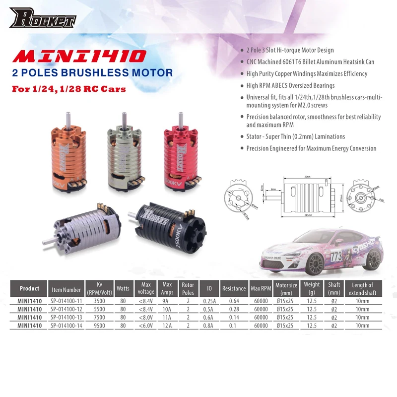 로켓 미니 1410 브러시리스 모터 18A ESC, 1/24 1/28 1/32 RC카 MINI-Z MINI-Q 교쇼 Mr03 프로 아토믹 DRZ 장난감, RC 드리프트 카