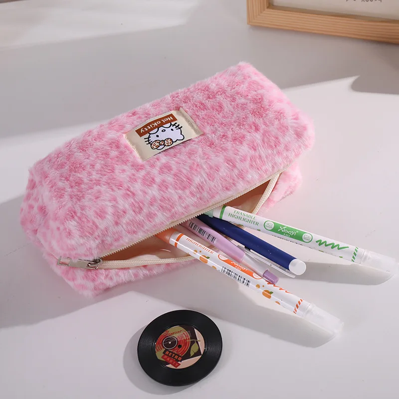 카와이 헬로 키티 연필 상자 귀여운 산리오 벨벳 레오파드 패턴 대용량 메이크업 가방 연필 가방 학생 문구 선물