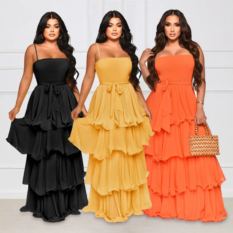 

2024 New Fashion Simple and Elegant Chiffon Gentle Style Charm Sling High Waist Cake Long Dress Summer Dress