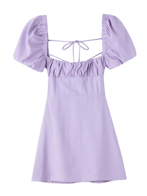 XNWMNZ women white fashion linen blend dress female square neck short puff sleeves backless crossover straps dress for women's Lavender