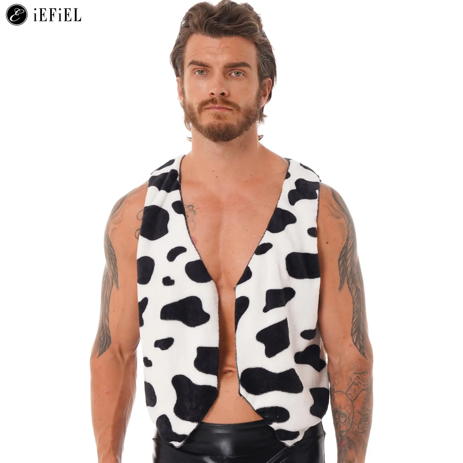 Men's Cow Print Open Front Coat Jacket Vest Halloween Festival Hippie Costume Cowboy Cardigan Cosplay Party Fancy Dress Up women new diamond beading mini skirt high waisted solid black pink hippie mini skirts shiny party club sexy sheath skirts spring