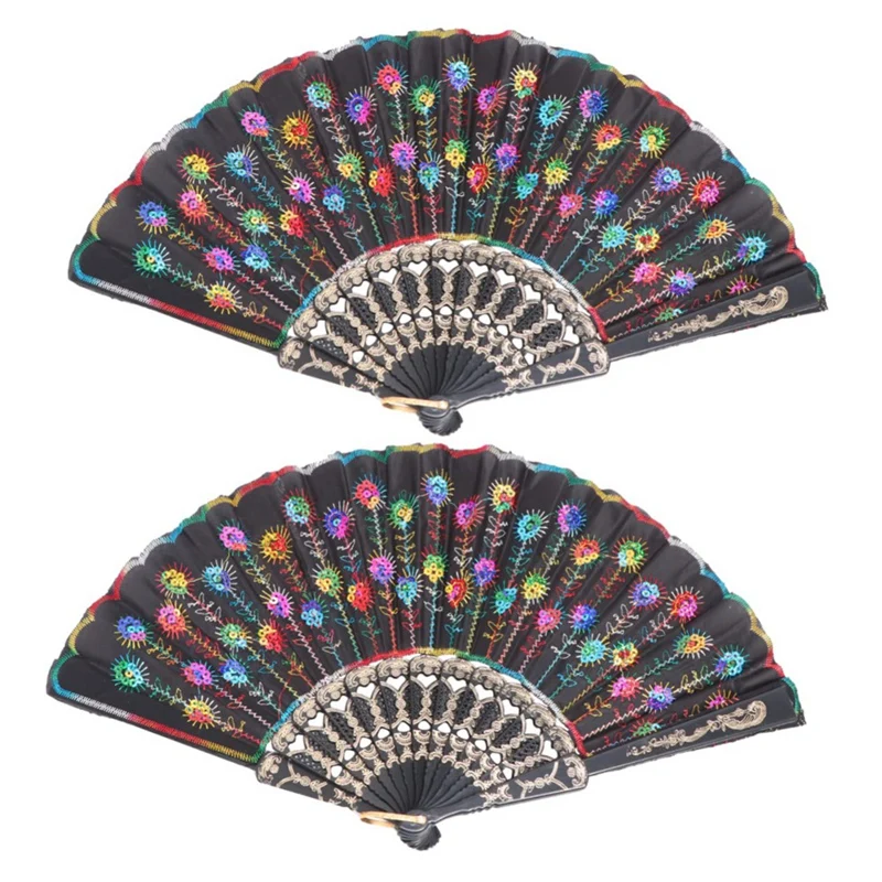

2Pcs Folding Fans Spanish Floral Folding Hand Fans Gift Glitter Floral Fan Gift Fan Dance Fan