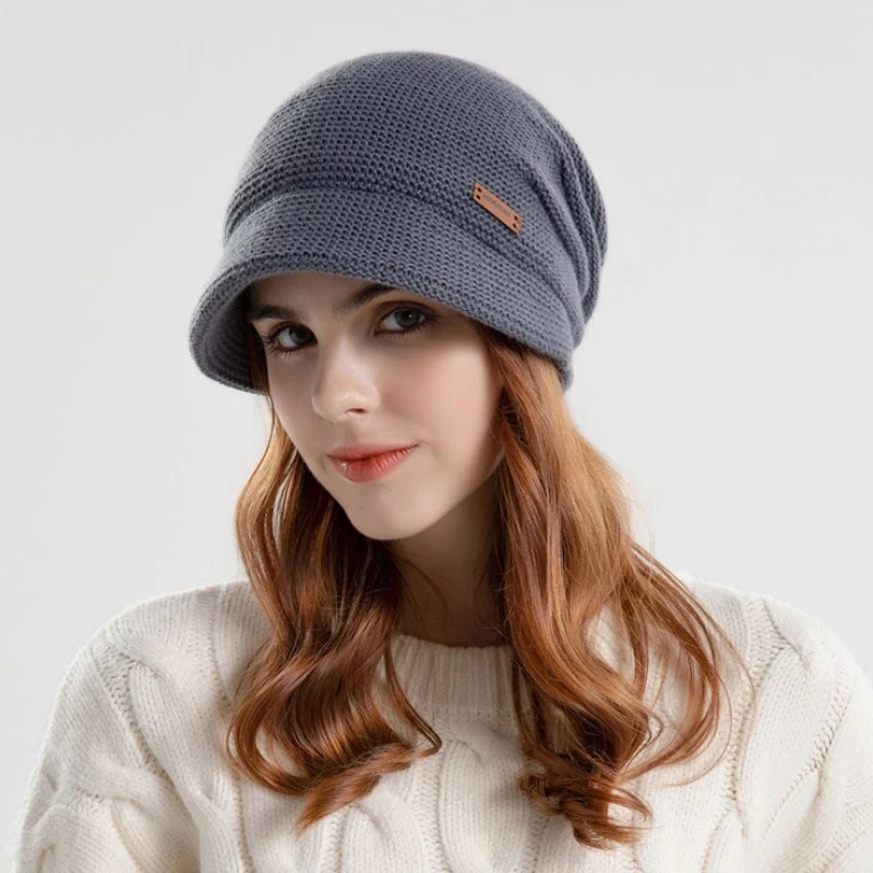 

Women Autumn Winter Warm Beanie Hat Solid Color Plus Velvet Stretch Knitted Beanies Hat Cap Ear Protection Fashion Stacked Hat