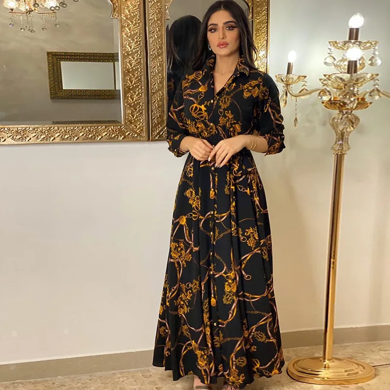 Muslim Dress Women Maxi Middle Eastern Print Lace-up Dress