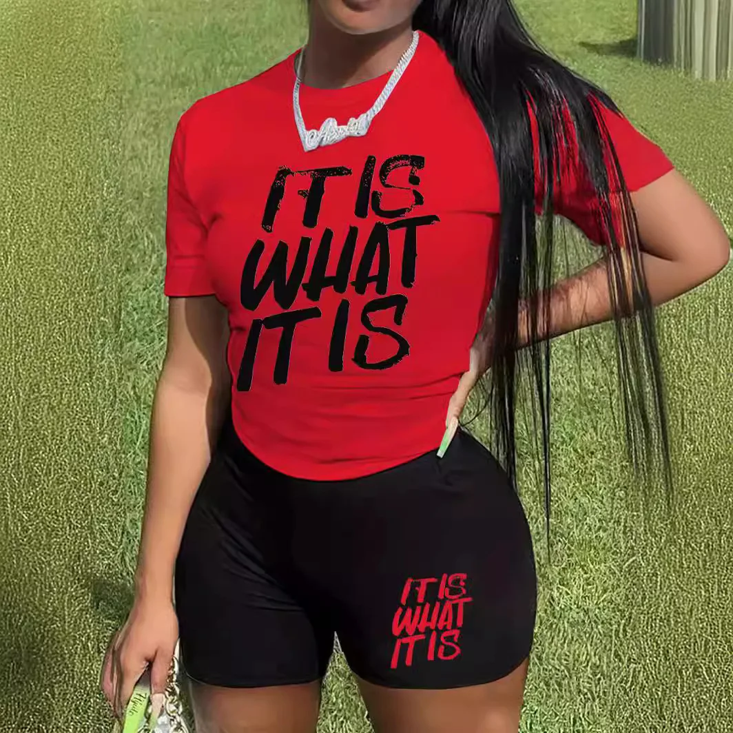 여성용 레터 프린트 투피스 세트, 캐주얼 슬림핏 라운드넥 반팔 티셔츠 및 레깅스 반바지, 여름 복장 정장