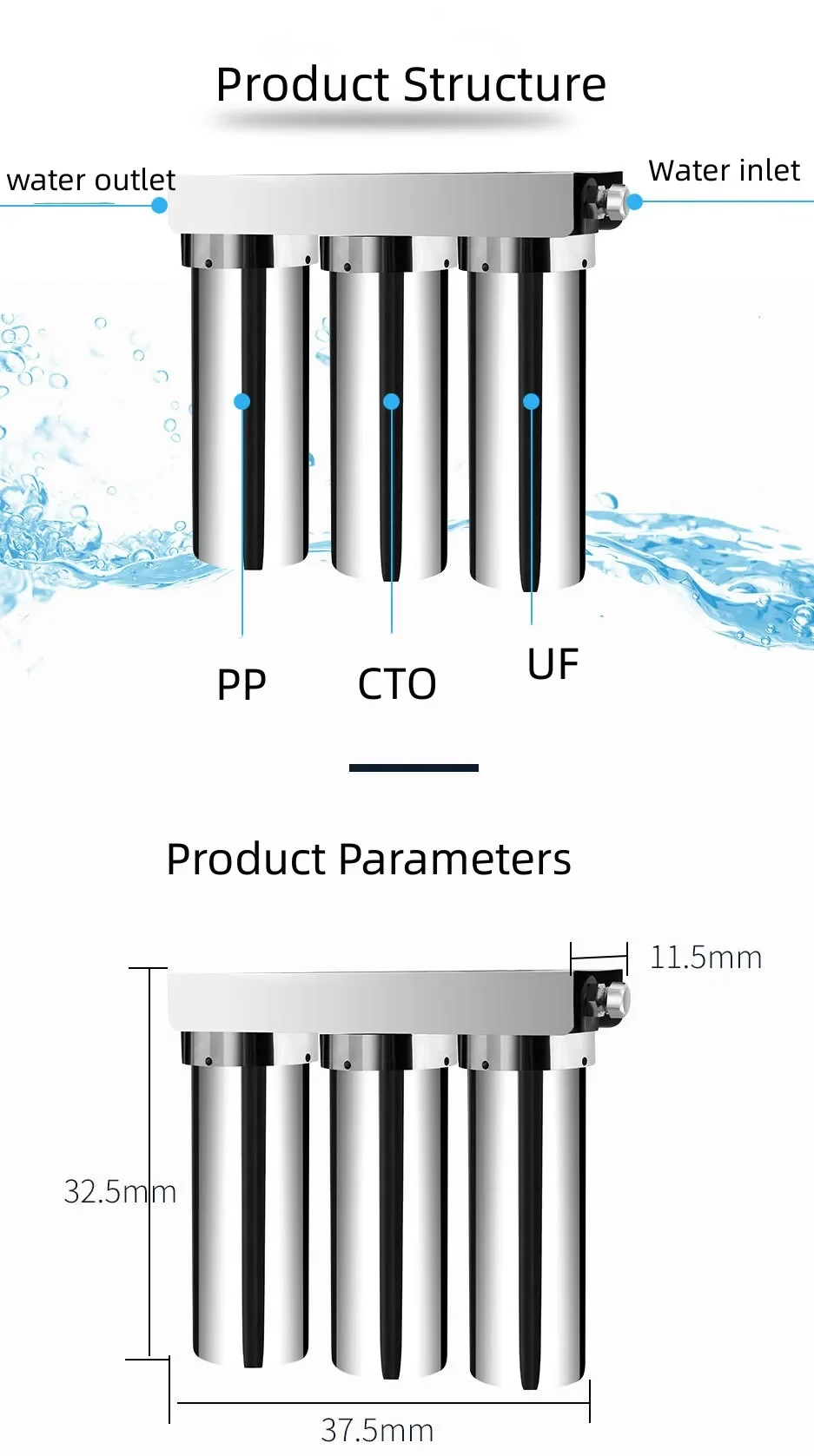 Description Picture 6 of itemDesktop Water Dispenser10 Inch 3 Stages Stainless Steel Water Purifier UF PP CTO Household Direct Drinking Prefilter Ultrafiltra