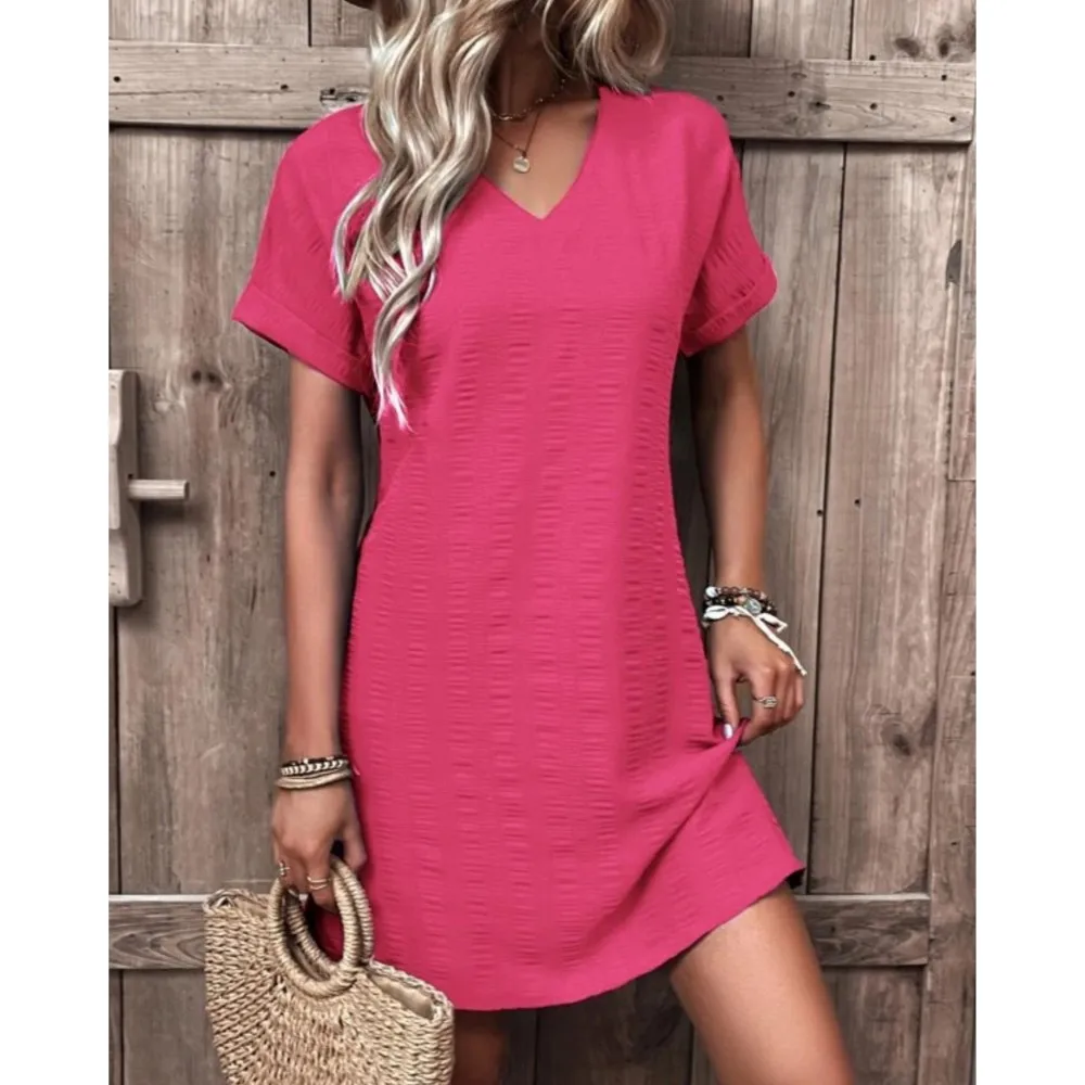 

Casual Candy Color Pullover A-Line Dresses For Women 2023 Summer New Fashion Sexy Slim Fit V-neck Solid Short Sleeve Dress