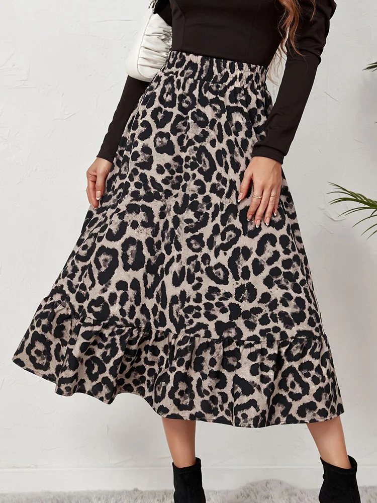 Summer Sexy Leopard Printed Chiffon Pleated Skirt Women Mid-Calf Gray Coffee Loose Long Skirts High Waist