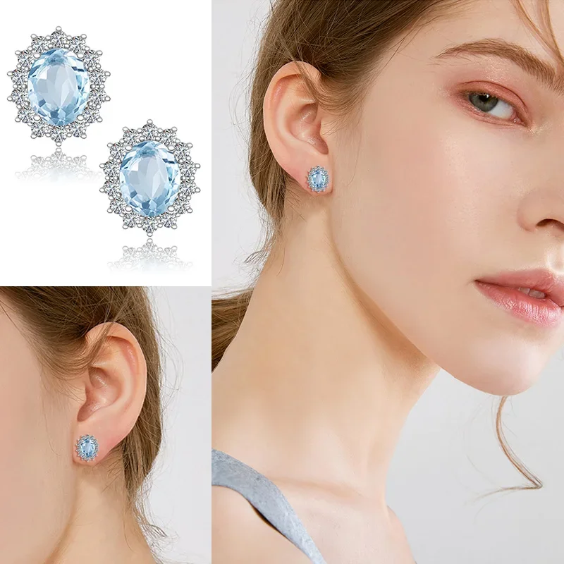 

Mencheese Sky Blue 925 Sterling Silver Earring Studs Aquamarine Wedding Earrings Large Gemstone With Diamonds Jewerly