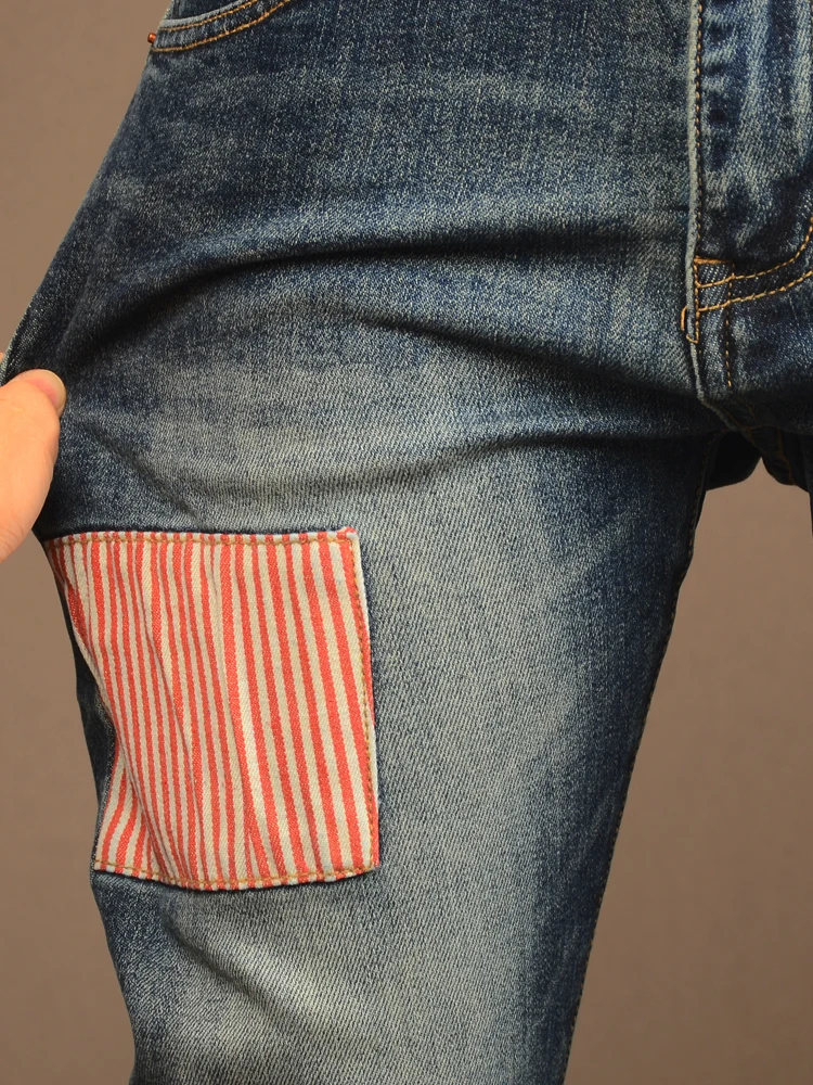 Fashion Striped Letter Patchwork Jeans Men Casual Blue Slim Fit Straight Pants Streetwear Patches Denim Trousers