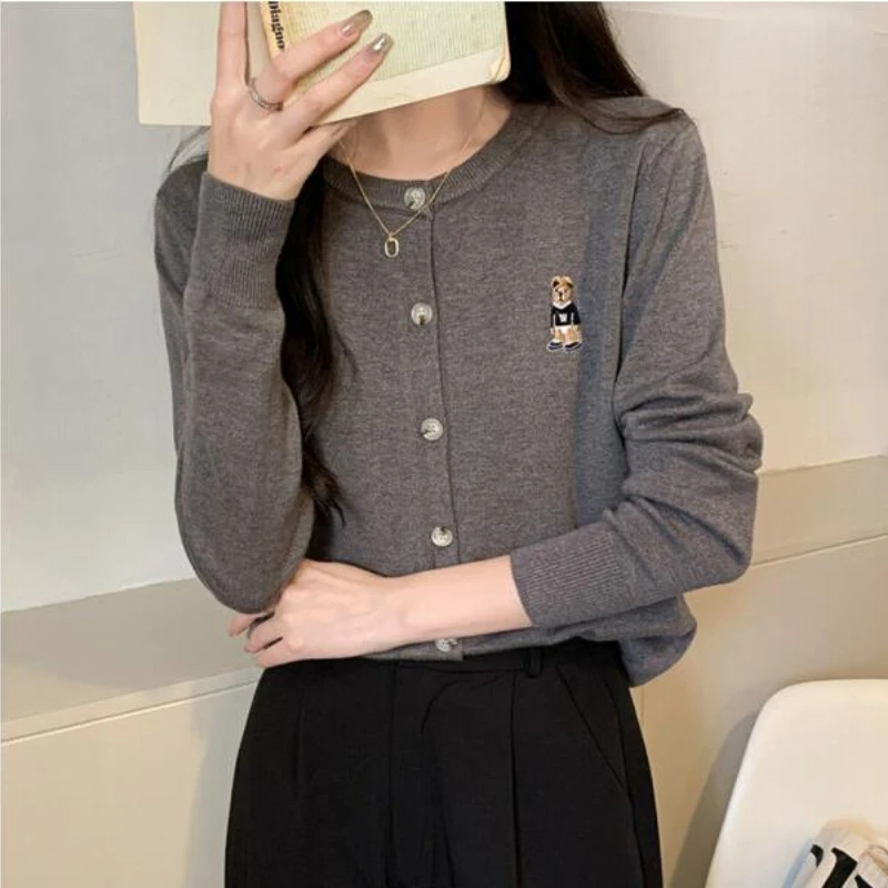 Spring Autumn Women's Knitted Cardigan Korean Single Breasted Long Sleeve Jumper Woman Chic Round Neck Cardigans Outwear