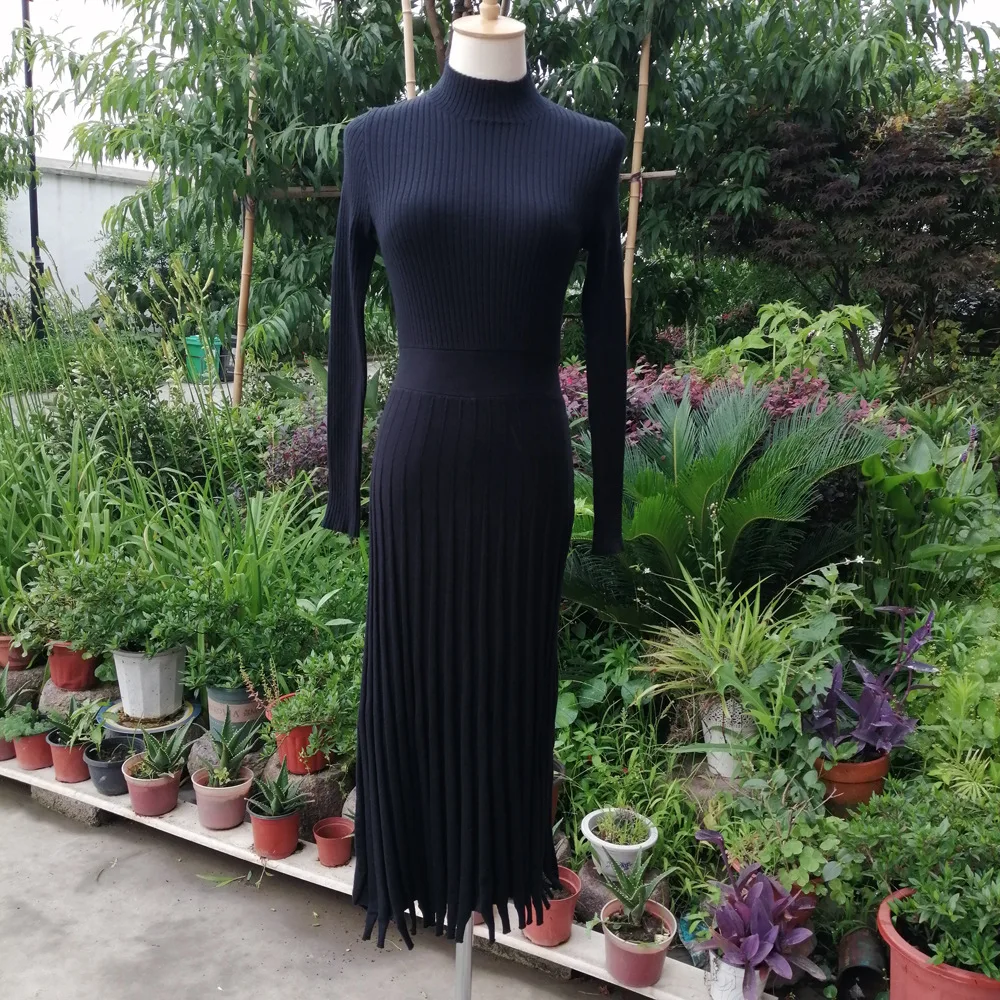 Vestido de punto plisado acanalado para mujer, suelto, de moda, con retazos, manga larga, cintura alta, de punto, vestido maxi femenino de otoño, nuevo