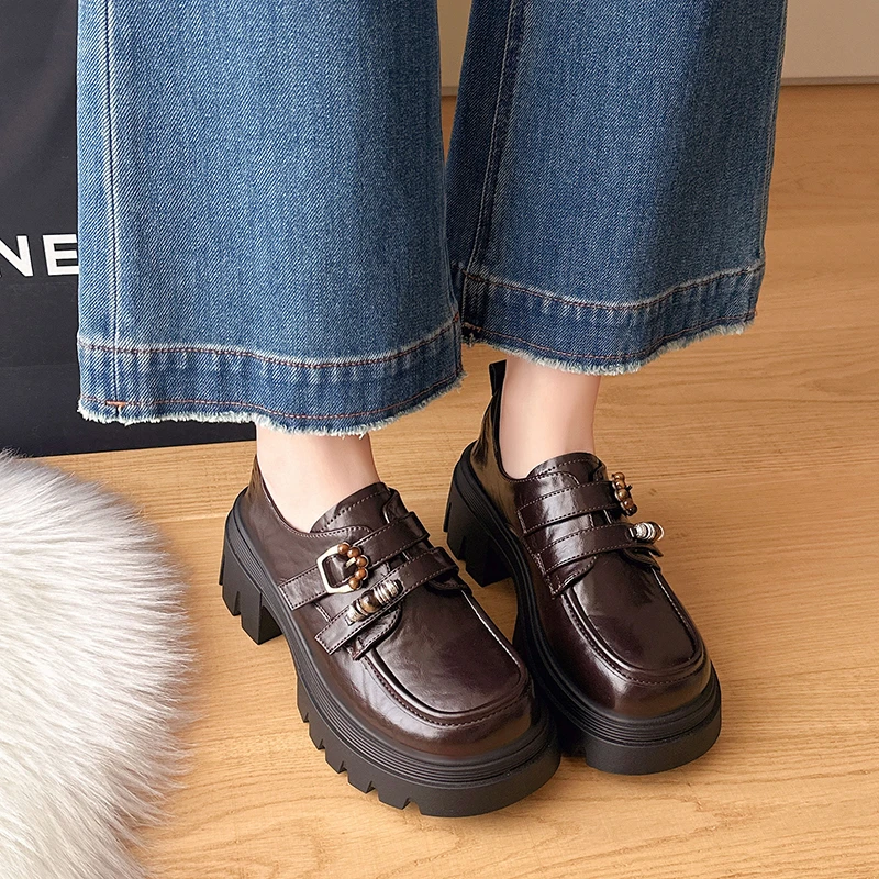 Aphixta 6cm Square Heel Women Flats String Bead Woman Loafers High Quality Leather Ladies Casual Shoes Round Toe Footwear