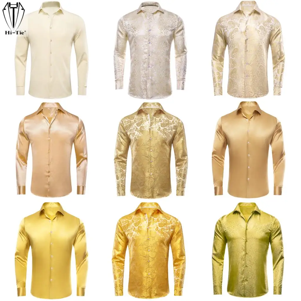 Hi-Tie Gold Beige Ivory Champagne Silk Mens Shirts Lapel Long Sleeve Dress Shirt Jacquard Blouse for Male Wedding Business Prom modern style silk rose wedding bouquets for bridesmaid fake flowers peralsbridal bouquet wedding decor champagne fleurs mariage