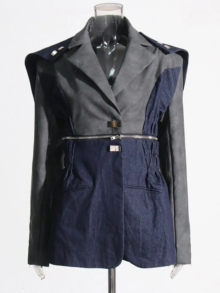 KBQ Colorblock Detachable Hem Blazers For Women Notched Collar Long Sleeve Spliced Zipper Loose Casual Blazer Female Fashion New