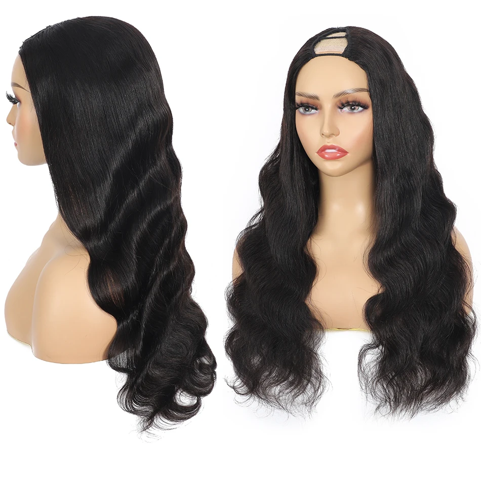 100% 브라질산 인모 바디 웨이브 V파트 가발 200% 밀도 내추럴 블랙 탄력있는 웨이브 업그레이드 U파트 착용 간편 글루리스 하프 가발