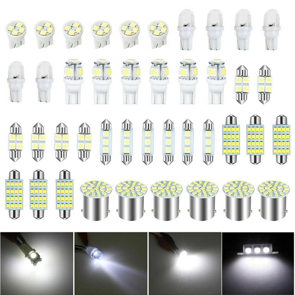 

42 Pcs Car Interior White LED Light Mini Bulbs Kit 6000K Canbus Combo Map Trunk Dome Footwell Lamp License Plate Lights Bulbs