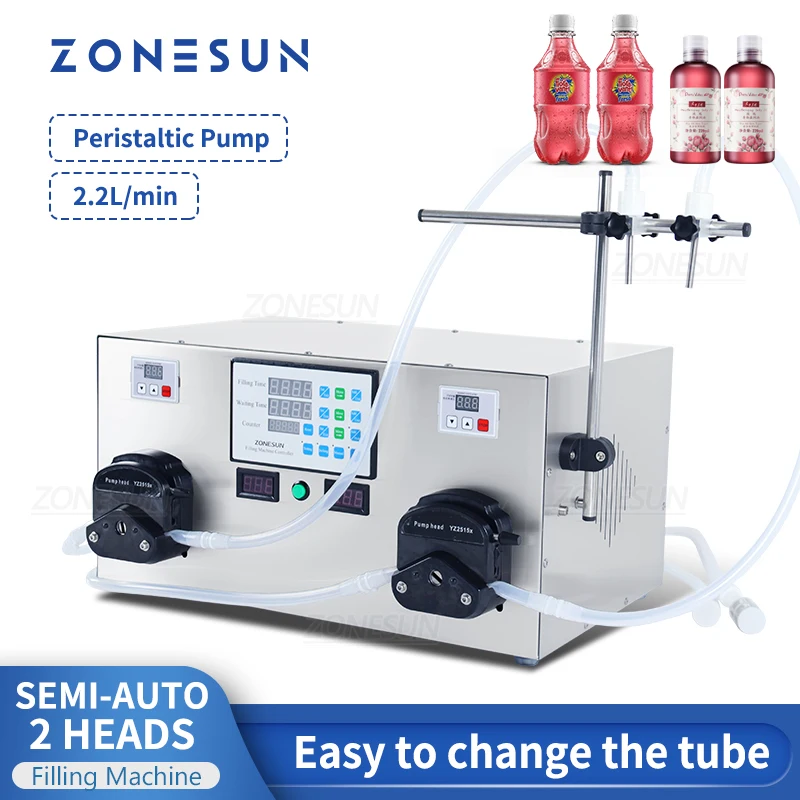 ZONESUN ZS-YTPP2 Liquid Filling Machine Double Heads Peristaltic Pump Bottle Water Juice Beverage Packaging Production Line kamoer peristaltic pump aquarium liquid water pump flow adjustable 5 2 90ml min 12v dosing pump for diy aquarium lab chemical analysis dosing additives 1 0x3 0mm